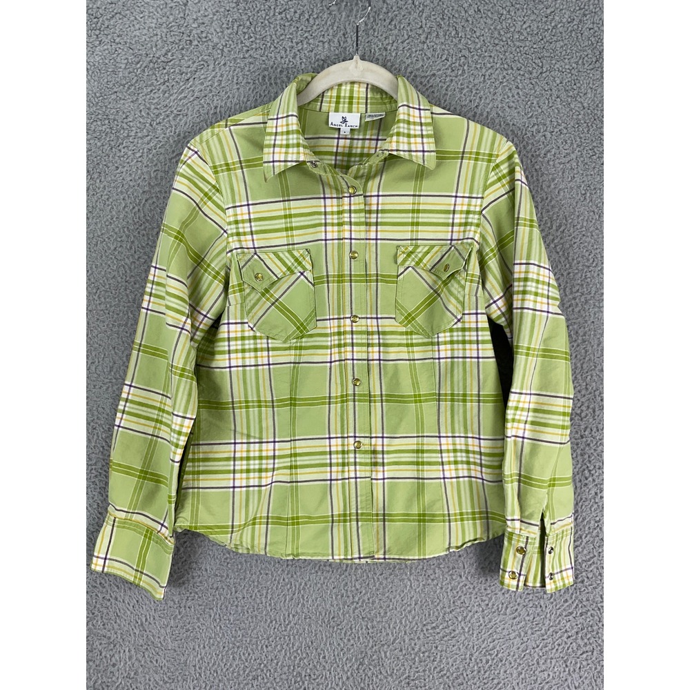 Angel Ranch Western Shirt Women S Green Plaid Cotton Snap Front Ranch Utility 90